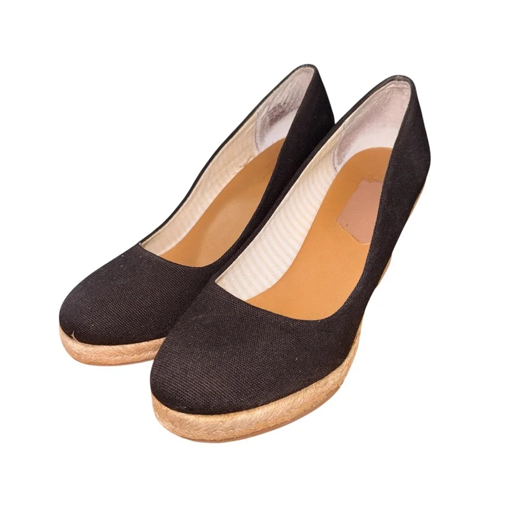 G.H. Bass Kester Wedge Pump Women 8M Pre-Owned Espadrille Black Canvas Jute Heel